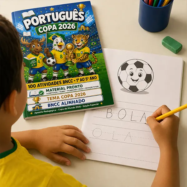Criança escrevendo BOLA na atividade de alfabetização