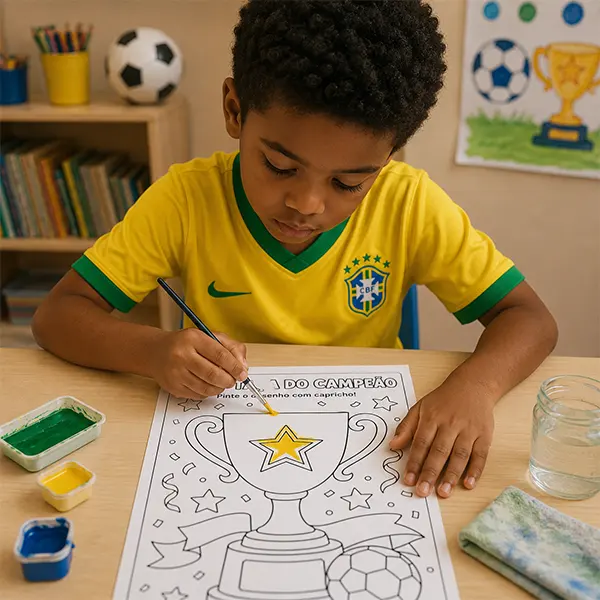 Mãos de criança pintando a bandeira do Brasil