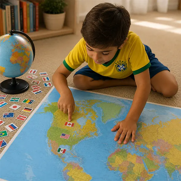 Menina explorando mapa-múndi com bandeiras das seleções