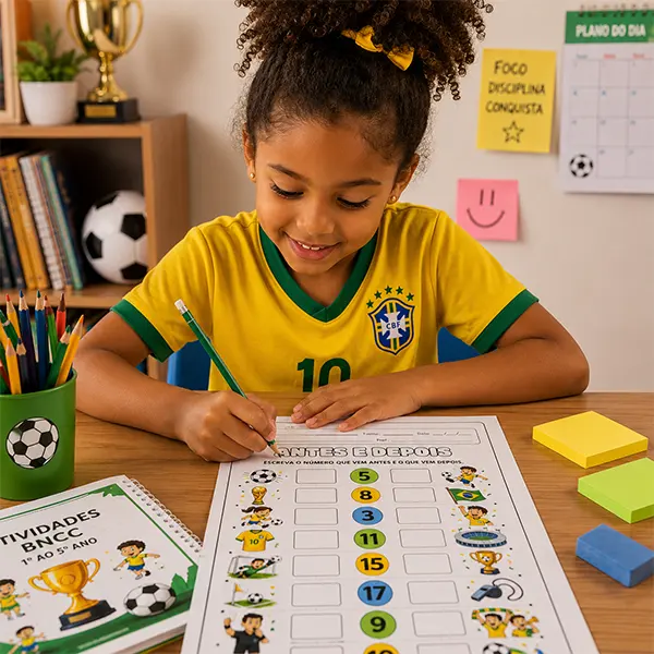 Menino resolvendo problema de matemática com tema da Copa
