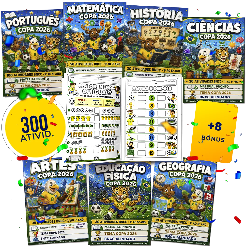 Pacote completo Atividades Copa 2026: 7 apostilas BNCC + 8 bônus